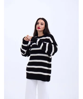 43111 TRİKO ÇİZGİLİ SALAŞ KAZAK-SİYAH-EKRU