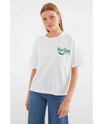4318 Baskılı Basic Tişört - Beyaz
