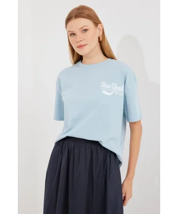 4318 Baskılı Basic Tişört - Mavi