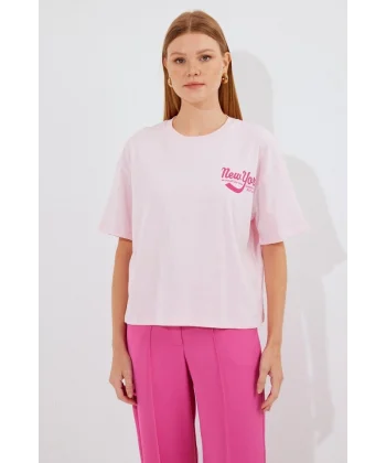 4318 Baskılı Basic Tişört - Pudra