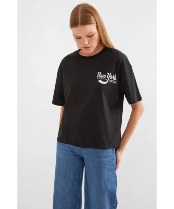 4318 Baskılı Basic Tişört - Siyah