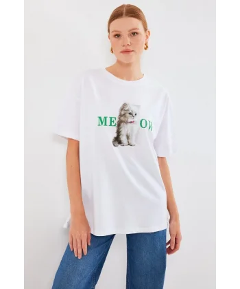 4319 Baskılı Oversize Tişört - Beyaz