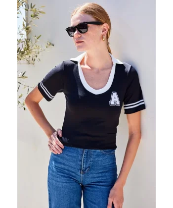 4320 Polo Yaka Basic Triko Bluz - Siyah