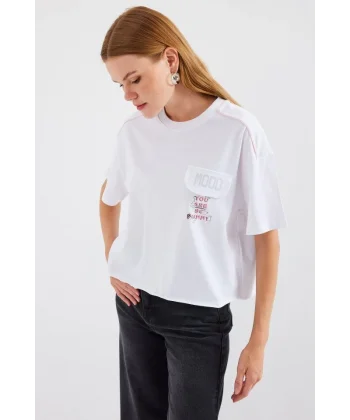 4321 Cep Detaylı Oversize Tişört - Beyaz