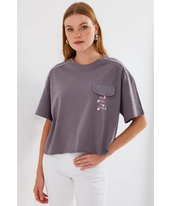 4321 Cep Detaylı Oversize Tişört - Gri