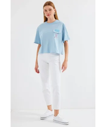 4321 Cep Detaylı Oversize Tişört - Mavi