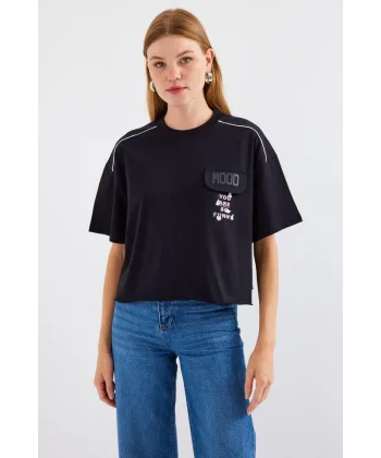 4321 Cep Detaylı Oversize Tişört - Siyah