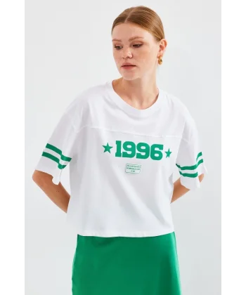 4322 Baskılı Oversize Basic Tişört - Beyaz
