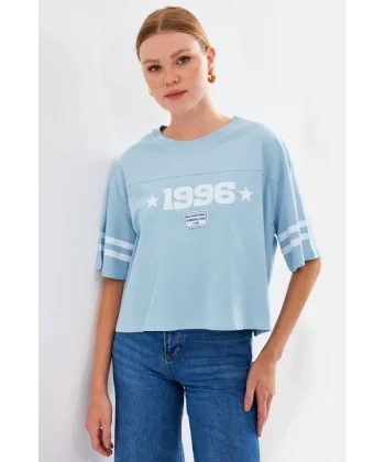 4322 Baskılı Oversize Basic Tişört - Mavi
