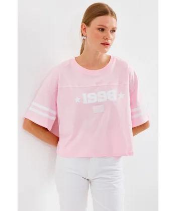4322 Baskılı Oversize Basic Tişört - Pembe