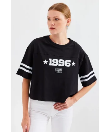 4322 Baskılı Oversize Basic Tişört - Siyah