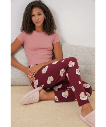 4323 Desenli Pijama Altı - Bordo