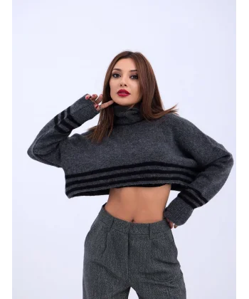 43241 TRİKO ÇİZGİLİ BALIKÇI CROP-ANTRASİT-SİYAH