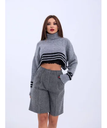 43241 TRİKO ÇİZGİLİ BALIKÇI CROP-GRİ-SİYAH