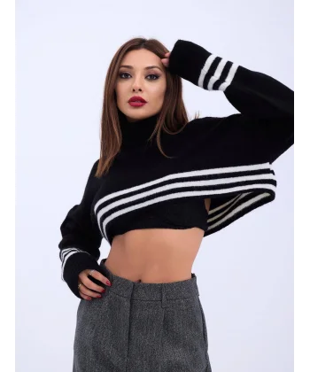 43241 TRİKO ÇİZGİLİ BALIKÇI CROP-SİYAH-EKRU