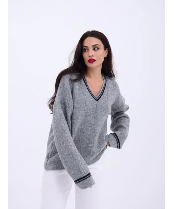 43291 TRİKO V YAKA ÇİZGİLİ KAZAK-GRİ-SİYAH