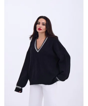 43291 TRİKO V YAKA ÇİZGİLİ KAZAK-SİYAH-EKRU