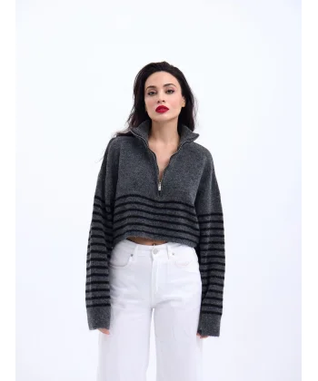 43311 TRİKO ÇİZGİLİ FERMUARLI CROP-ANTRASİT-SİYAH