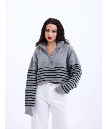 43311 TRİKO ÇİZGİLİ FERMUARLI CROP-GRİ-SİYAH