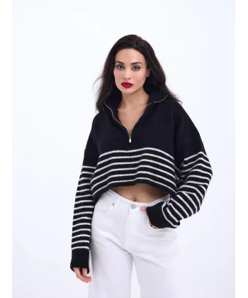 43311 TRİKO ÇİZGİLİ FERMUARLI CROP-SİYAH-EKRU