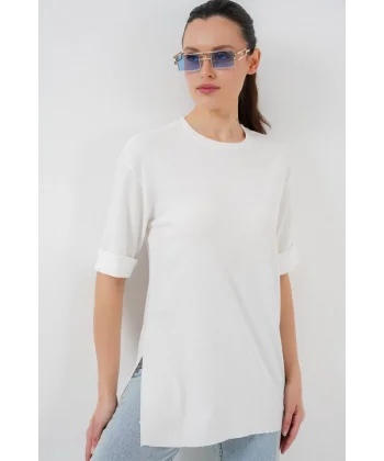 4332 Yanı Yırtmaçlı Örme Tişört - Beyaz