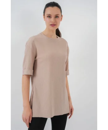 4332 Yanı Yırtmaçlı Örme Tişört - Bisküvi