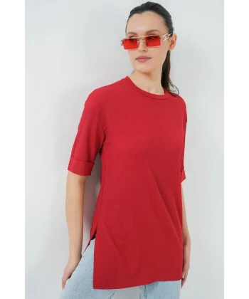 4332 Yanı Yırtmaçlı Örme Tişört - Kırmızı