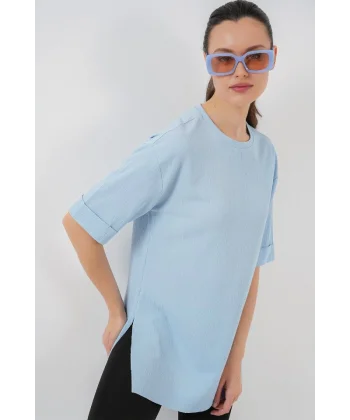 4332 Yanı Yırtmaçlı Örme Tişört - Mavi