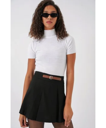 4335 Kemerli Mini Şort Etek  Siyah