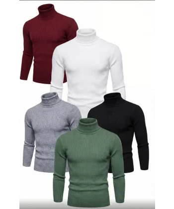 5li Siyah, Beyaz, Bordo, Gri, Haki Unisex Kaşkorse Boğazlı Full Likralı Fitilli Body Kazak