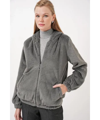 5091 Kapşonlu Kürklü İçi Astarlı Mont  Antrasit