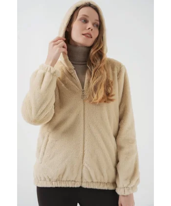 5091 Kapşonlu Kürklü İçi Astarlı Mont  Bisküvi