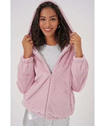 5091 Kapşonlu Kürklü İçi Astarlı Mont  Pudra