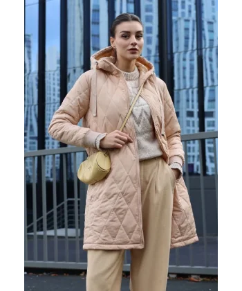 51 Kapitone Uzun Şişme Mont  Bej