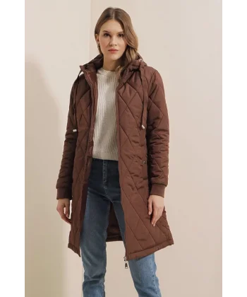 51 Kapitone Uzun Şişme Mont  Kahverengi