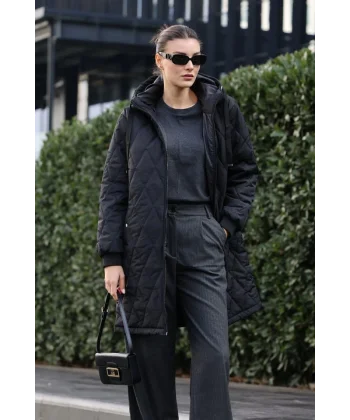 51 Kapitone Uzun Şişme Mont  Siyah