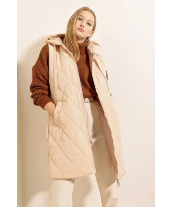 51 Kapşonlu Uzun Şişme Yelek  Bej