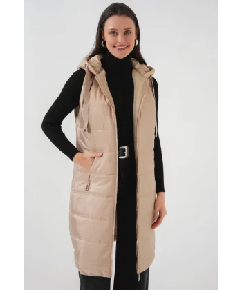 51 Kapşonlu Uzun Şişme Yelek  Bisküvi