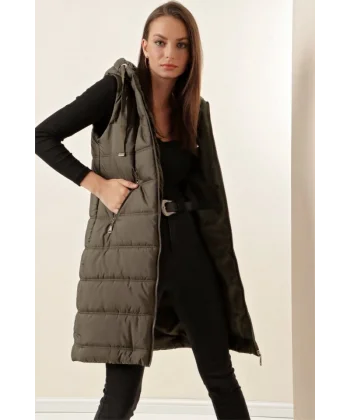 51 Kapşonlu Uzun Şişme Yelek  Haki