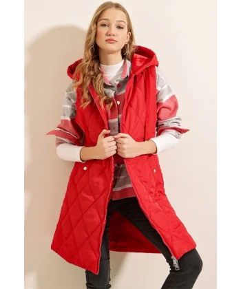 51 Kapşonlu Uzun Şişme Yelek  Kırmızı