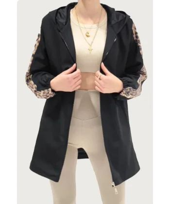 5103 Kolları Payetli Kapüşonlu Mont - Siyah