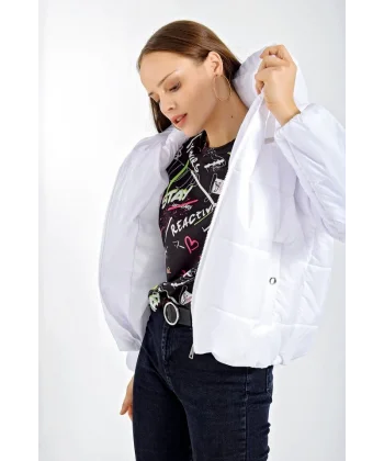 5117 Kapşonlu Şişme Mont  Beyaz