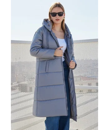 5120 Kapşonlu Uzun Şişme Mont  Gri