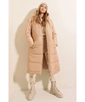 5120 Kapşonlu Uzun Şişme Mont  Vizon