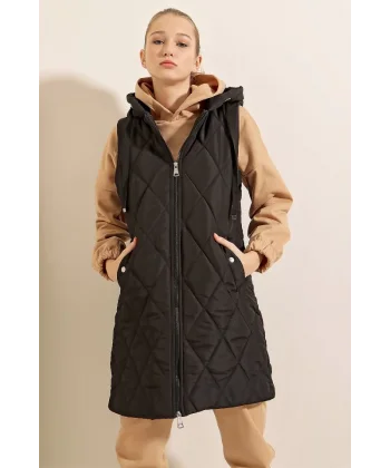 5140 Kapşonlu Uzun Şişme Yelek  Düz Siyah