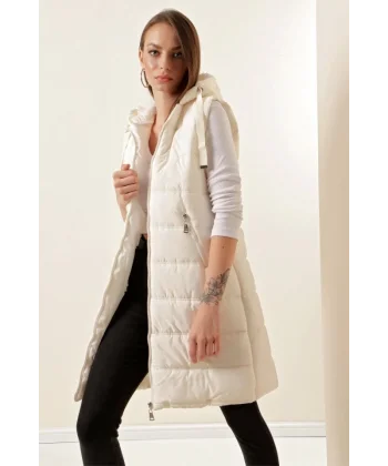 5140 Kapşonlu Uzun Şişme Yelek - Ekru
