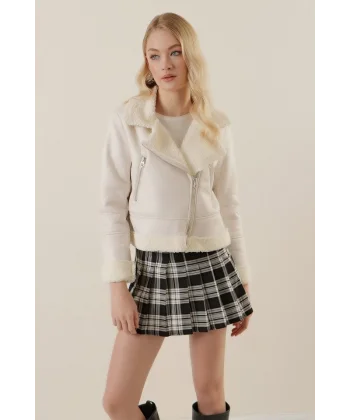 5155 Kruvaze Yaka Suni Kürklü Deri Mont  A.Beyaz