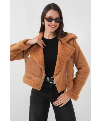 5155 Kruvaze Yaka Suni Kürklü Deri Mont  A.Kahve