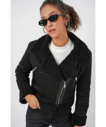 5155 Kruvaze Yaka Suni Kürklü Deri Mont  Siyah