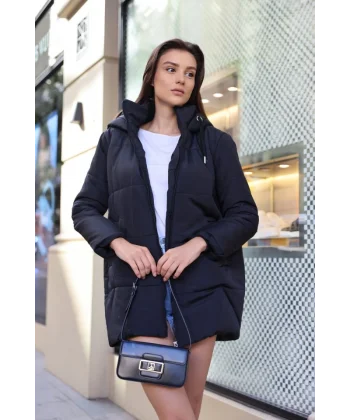 5163 Kapüşonlu Oversize Şişme Mont - Lacivert